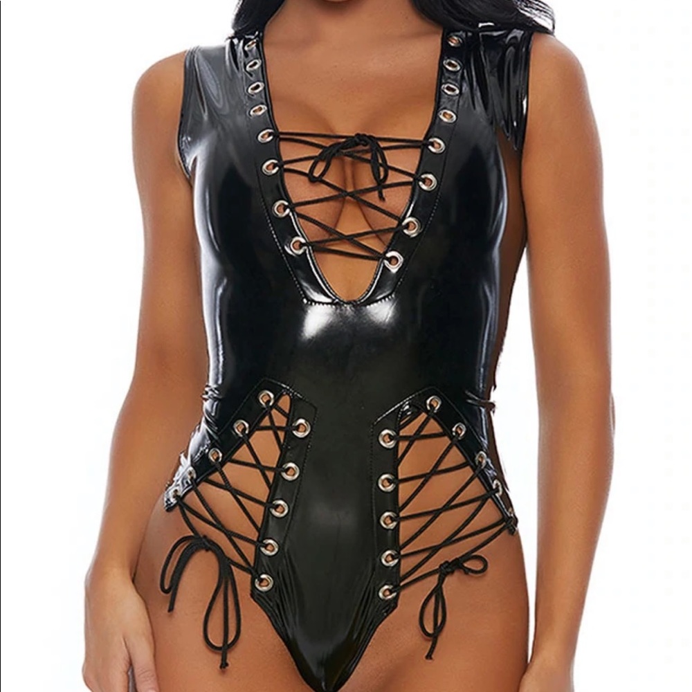 Lace-up PU bodysuit NWOT